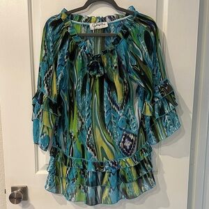 PARISLINE MGM BOUTIQUE BRAND Green & Blue Printed Ruffle Sleeve tunic OVERSIZED